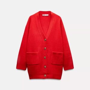 Zara Vibrant Red Button-Up Cardigan